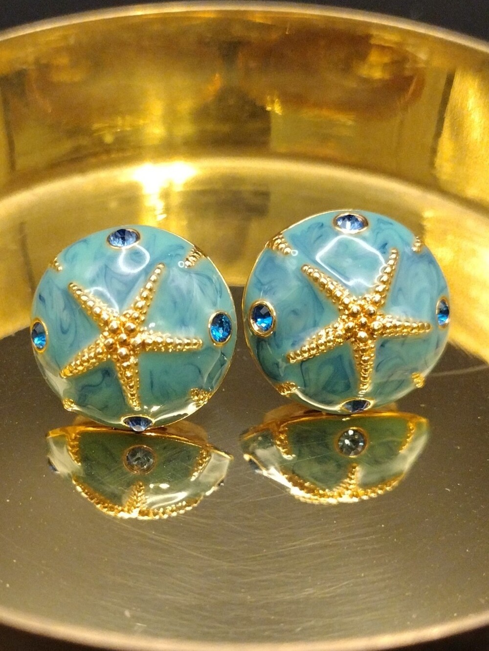 Joan Rivers Starfish Enamel Crystal Gold-Plated Domed Pierced Earrings Signed